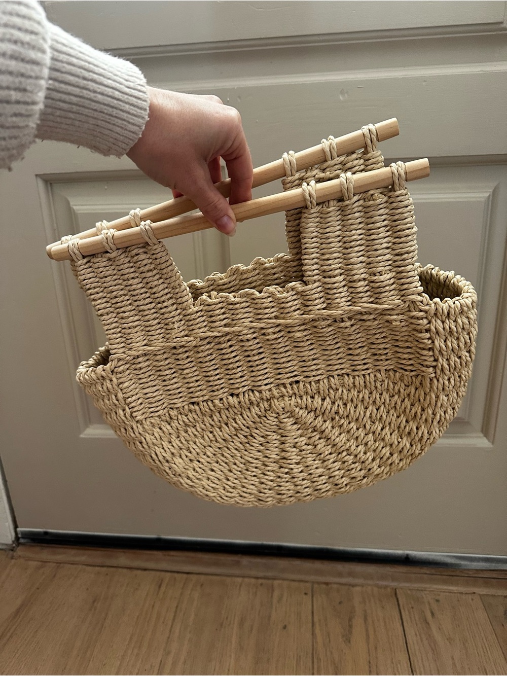 Woven Straw Half-Moon Handbag with Wooden Handles - Natural
